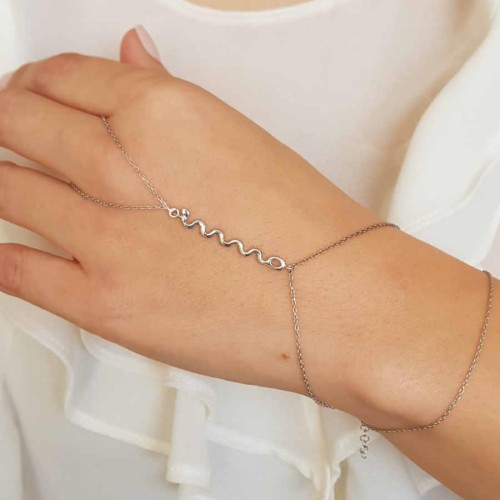  Snake Figure Silver Hand Bracelet - Thumbnail