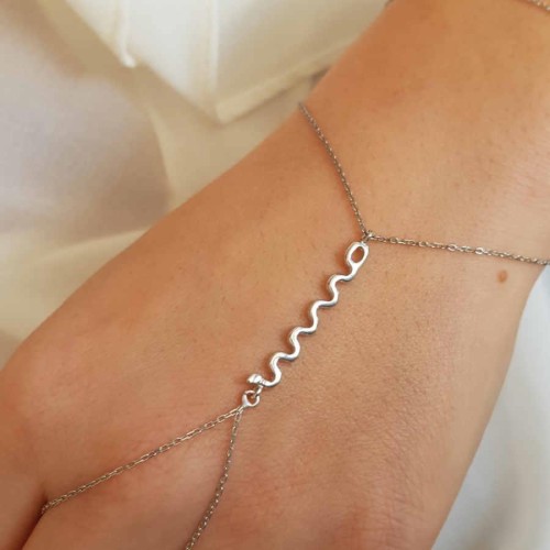  Snake Figure Silver Hand Bracelet - Thumbnail