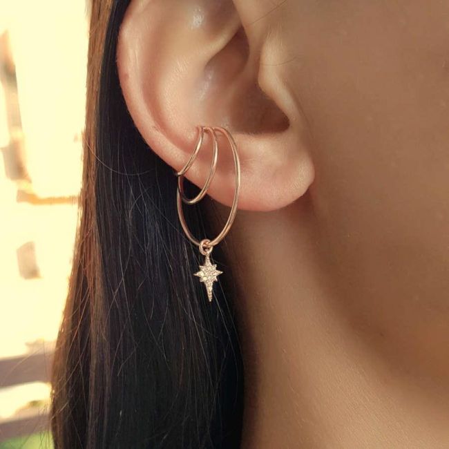 Süzme Üç Halka Kutup Yıldızlı Rosegold Gümüş Kadın Kıkırdak Küpe - 1