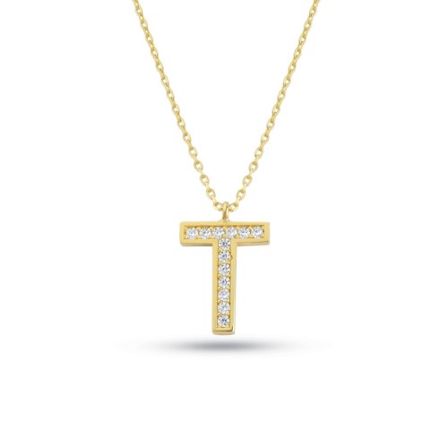 T Harfi Taşlı 14 Ayar Altın Kolye - CNG Jewels