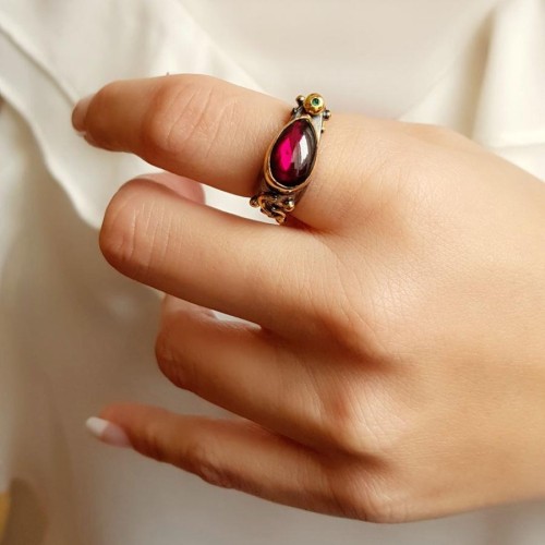 Designed Handmade Drop Garnet Silver Women's Ring - CNG Jewels