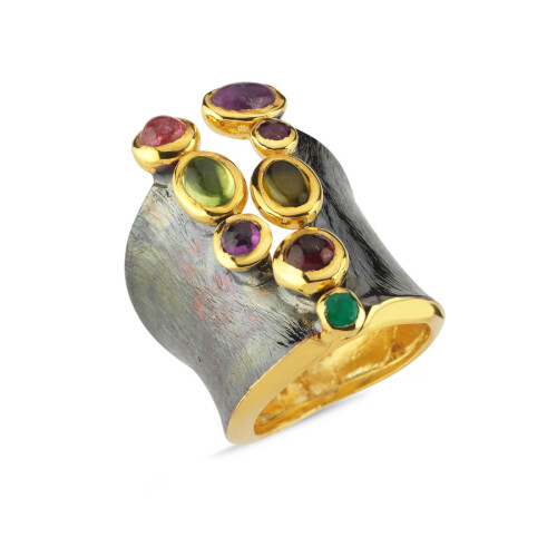 Design Zipper Mix Natural Stone Women's Silver Ring - CNG Jewels