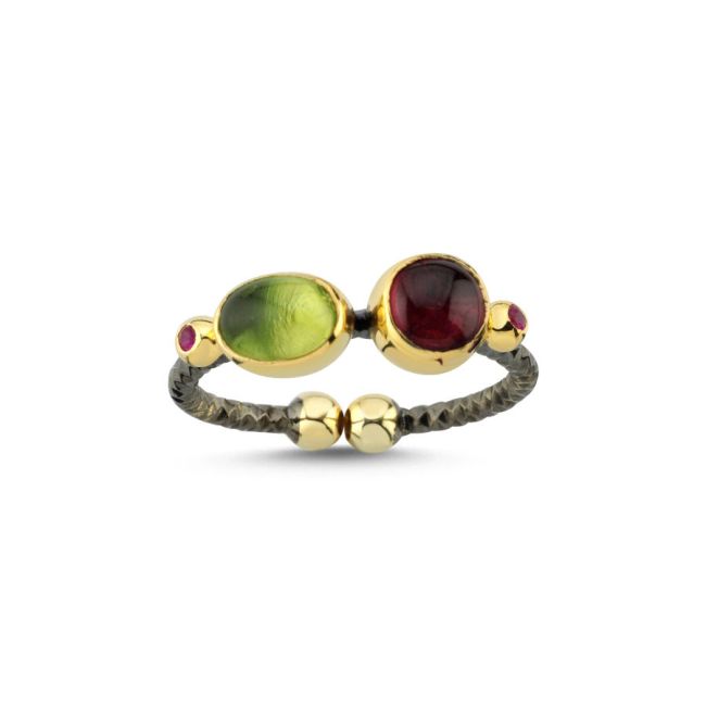 Designed Garnet Peridot Women's Silver Ring - 1