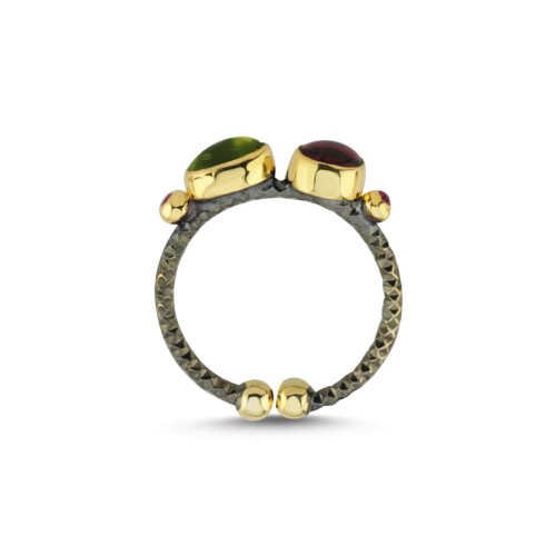 Designed Garnet Peridot Women's Silver Ring - 3