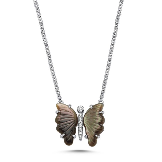 Design Gray Mother-of-Pearl Butterfly Women's Silver Necklace - 1