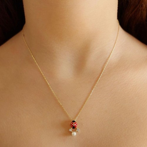Tasarım İncili Uğur Böceği Gold Gümüş Kadın Kolye - CNG Jewels