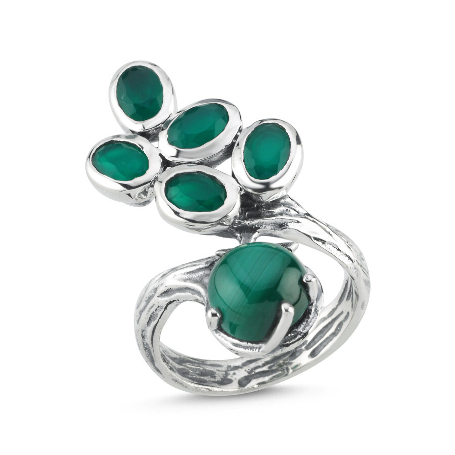 Design Jade Stone Tree Branch Women's Silver Ring - CNG Jewels