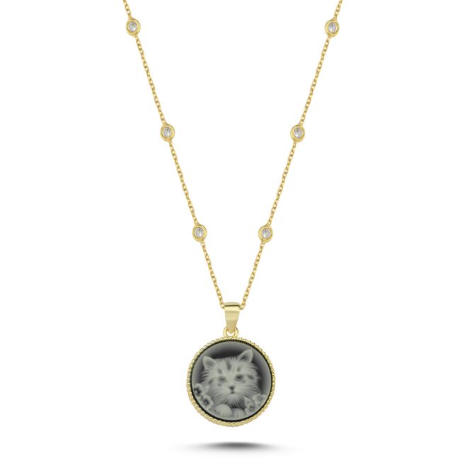 Design Black Cat Embroidered Women's Silver Necklace - 1