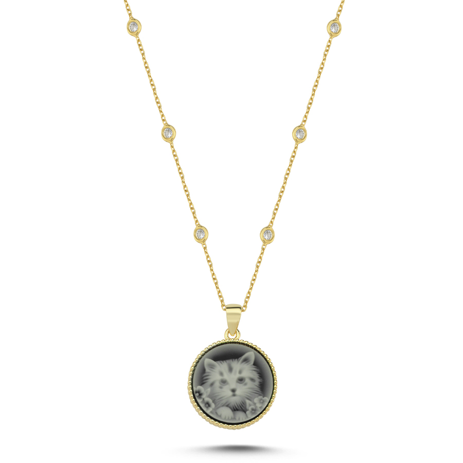 Tasarım Kedi İşlemeli Siyah Taşlı Gümüş Kolye - CNG Jewels