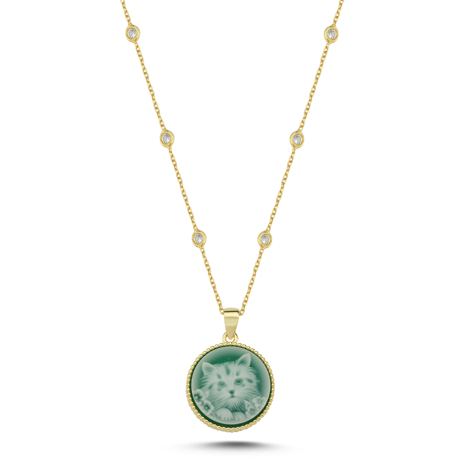 Tasarım Kedi İşlemeli Yeşil Taşlı Gümüş Kolye - CNG Jewels