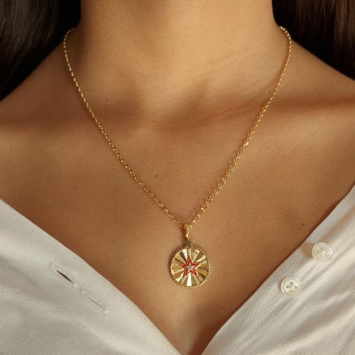 Tasarım Kırmızı Yıldız Madalyon Gümüş Kadın Kolye - CNG Jewels
