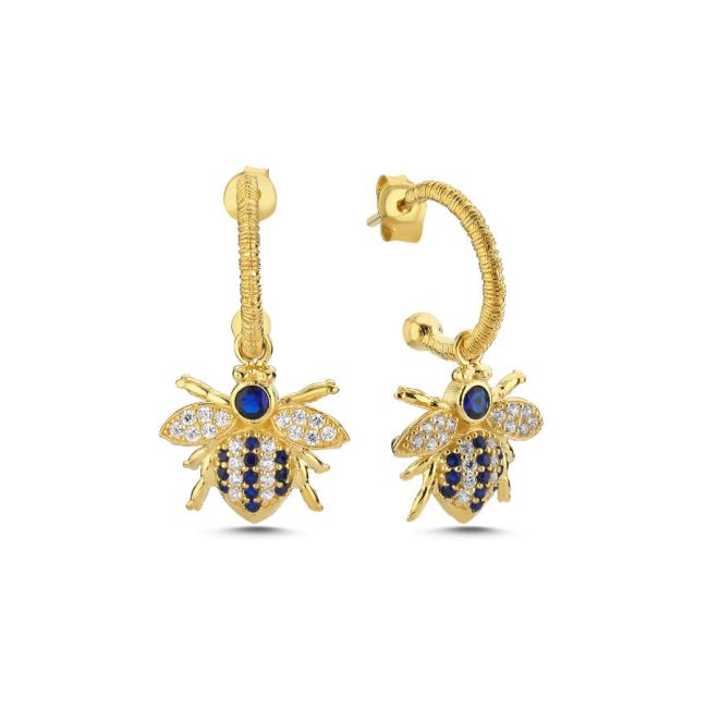 Design Blue Bee Dangle Silver Earrings - 1