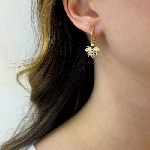 Design Blue Bee Dangle Silver Earrings - 2