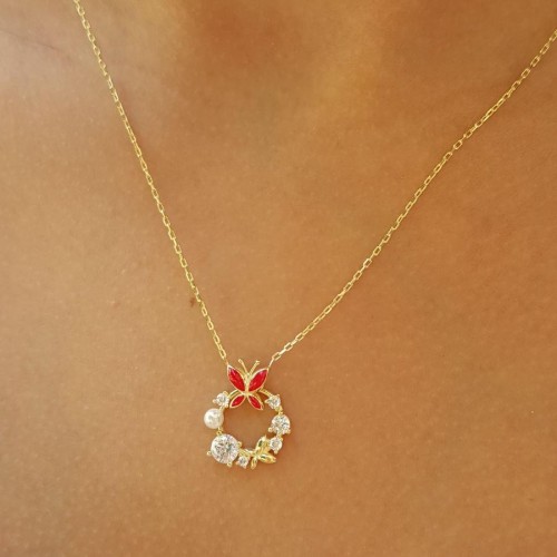Tasarım Taşlı İncili Kırmızı Kelebek Gümüş Kadın Kolye - CNG Jewels (1)