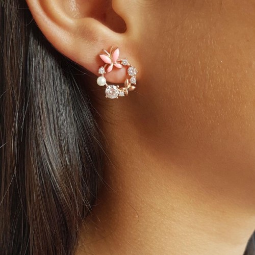 Design Stone and Pearl Pink Butterfly Silver Women's Earrings - CNG Jewels