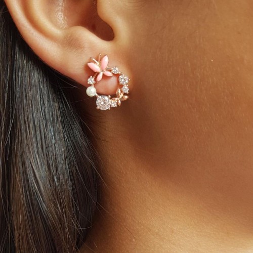 Design Stone and Pearl Pink Butterfly Silver Women's Earrings - CNG Jewels (1)