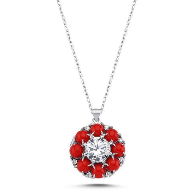 Designed Solitaire Pave Coral Women's Silver Necklace - 1