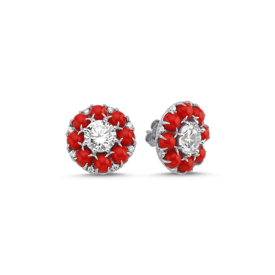 Designed Solitaire Pave Coral Women's Silver Earrings - CNG Jewels
