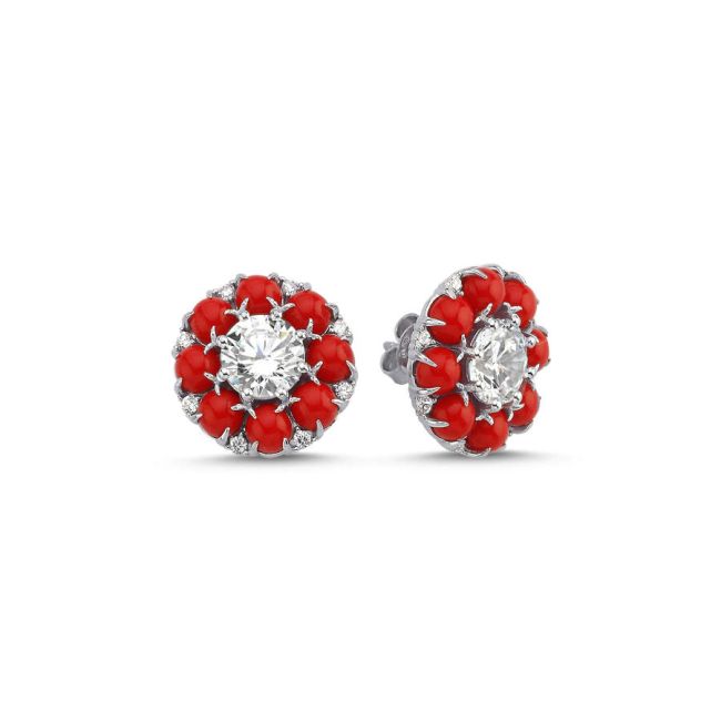 Designed Solitaire Pave Coral Women's Silver Earrings - 1