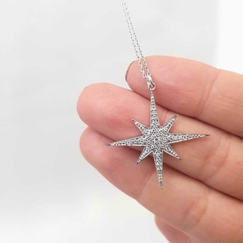Large North Star Silver Women's Necklace with Stones 
