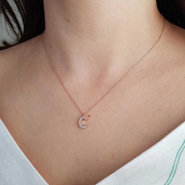 Letter C Silver Women's Necklace with Stones - 1