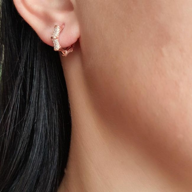 Stone Stud Hoop Rose Silver Women's Earrings - 2