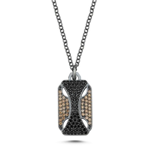 Rectangular Plate Design Silver Men's Necklace with Stones - 1