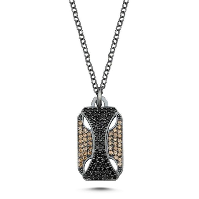 Rectangular Plate Design Silver Men's Necklace with Stones - 1