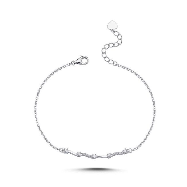 Minimal Wave Women's Silver Bracelet with Stones - 3