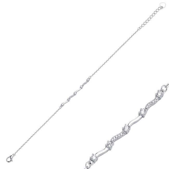 Minimal Wave Women's Silver Bracelet with Stones - 1