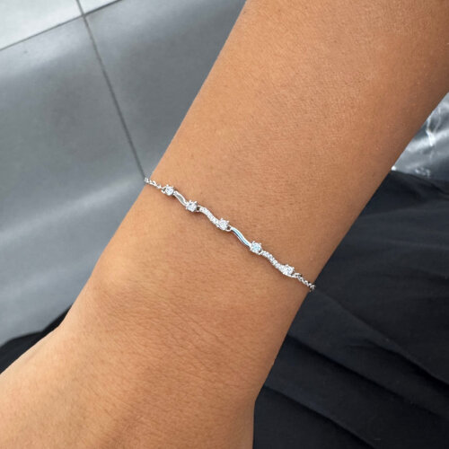 Minimal Wave Women's Silver Bracelet with Stones - 2