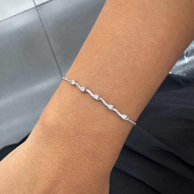 Minimal Wave Women's Silver Bracelet with Stones - 2
