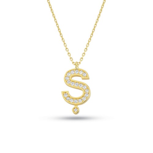 Taşlı Ş Harfi 14 Ayar Altın Kolye - CNG Jewels