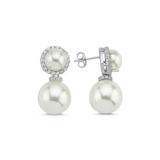 Stone Dangle Ball Pearl Women's Silver Earrings - 1