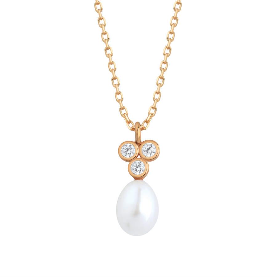 Taşlı Tria Damla Gerçek İnci Rose Gümüş Kolye - CNG Jewels