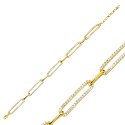 Long Paperclip Chain Gold Silver Bracelet with Stones 