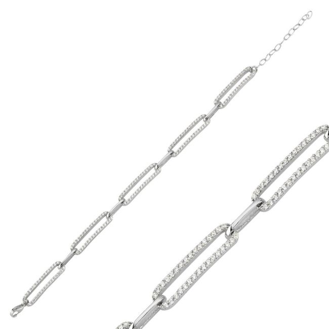 Long Paperclip Chain Silver Bracelet with Stones - 1