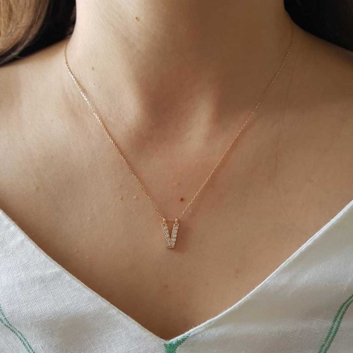 Letter V Silver Women's Necklace with Stones - CNG Jewels
