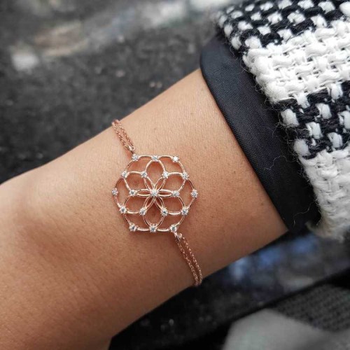 Large Flower of Life Rose Silver Women's Bracelet with Stones - CNG Jewels
