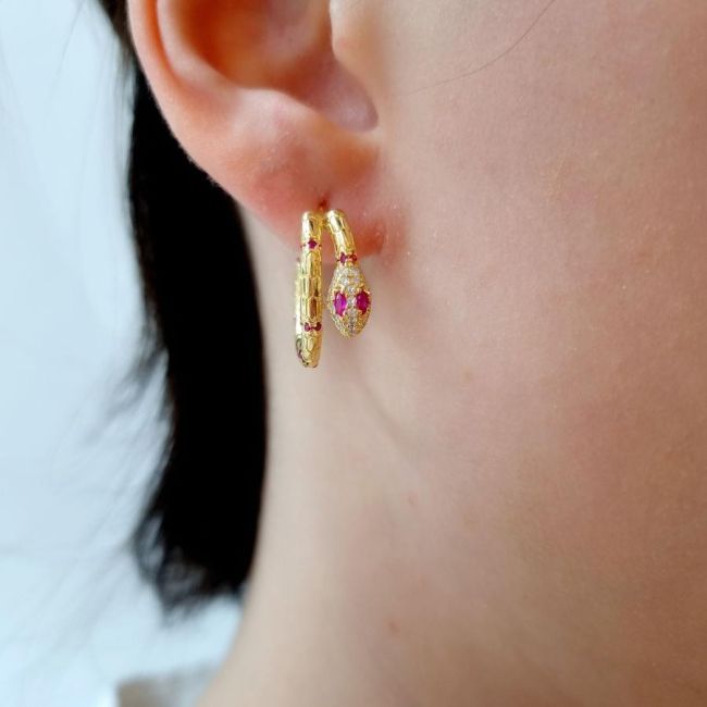 Stone Snake Silver Hoop Earrings - 2