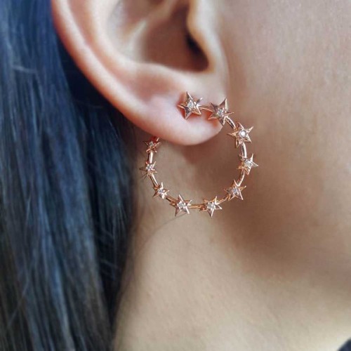 Stone Star Rose Circle Silver Women's Earrings 