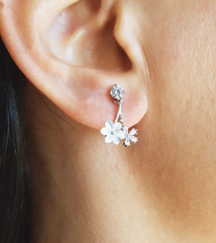 Solitaire Dangle White Flower Silver Women's Earrings 