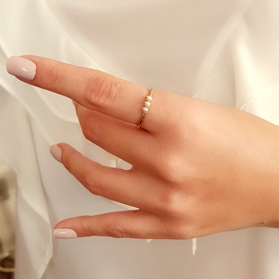 Thin Trend Gold Ring with Small Three Pearls - Thumbnail