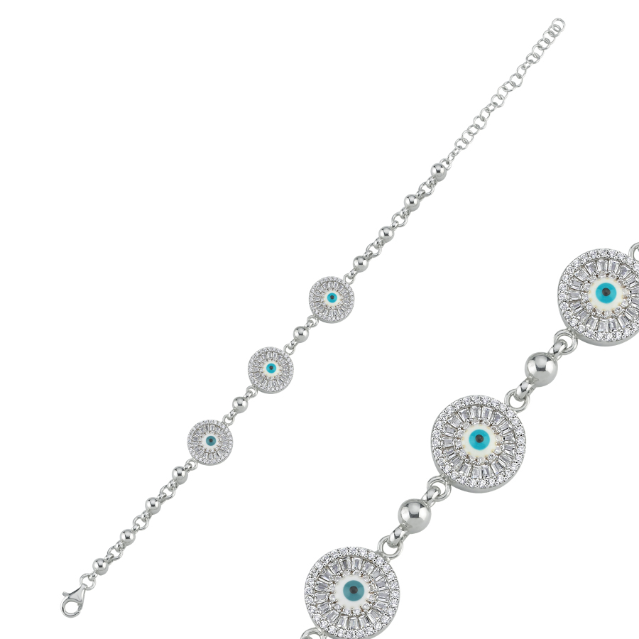 Trapezli Üçlü Nazar Boncuğu Zincir Gümüş Bileklik - CNG Jewels