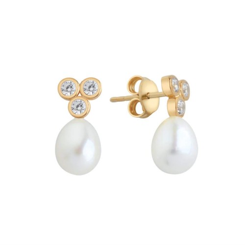 Silver Women's Earrings with Natural Drop Pearls and Tria Stones 