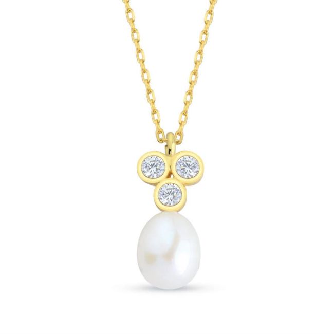 Stone Tria Drop Real Pearl Gold Women's Silver Necklace - 1