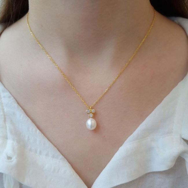 Stone Tria Drop Real Pearl Gold Women's Silver Necklace - 2