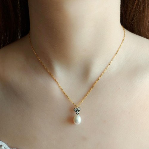 Tria Old Style Drop Pearl Silver Necklace - Thumbnail