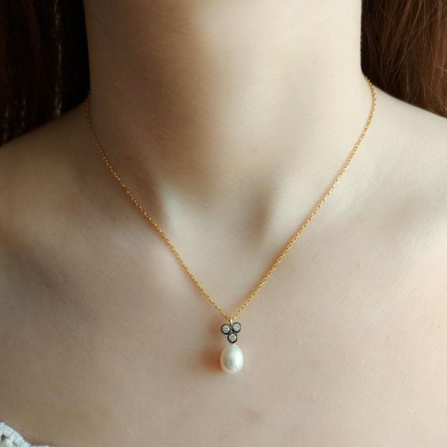 Diamond Tria Real Pearl Gold Women's Silver Necklace - 1