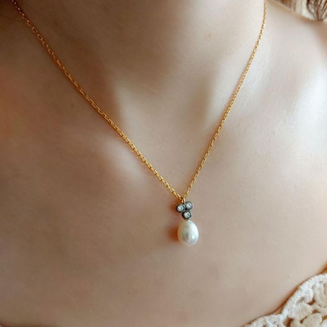 Diamond Tria Real Pearl Gold Women's Silver Necklace - 2